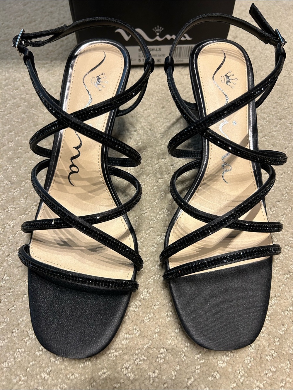 New in box! Nina Briegh Black Strappy Mid Sandals, Luster Satin Embellished